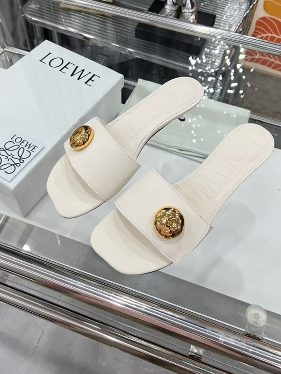 Loewe Shoes - Loewe Cream Leather Slide Mules with Gold Medallion